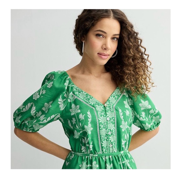 Draper James Placement Print Green Floral Puff-Sleeve Midi Dress - Picture 4 of 5